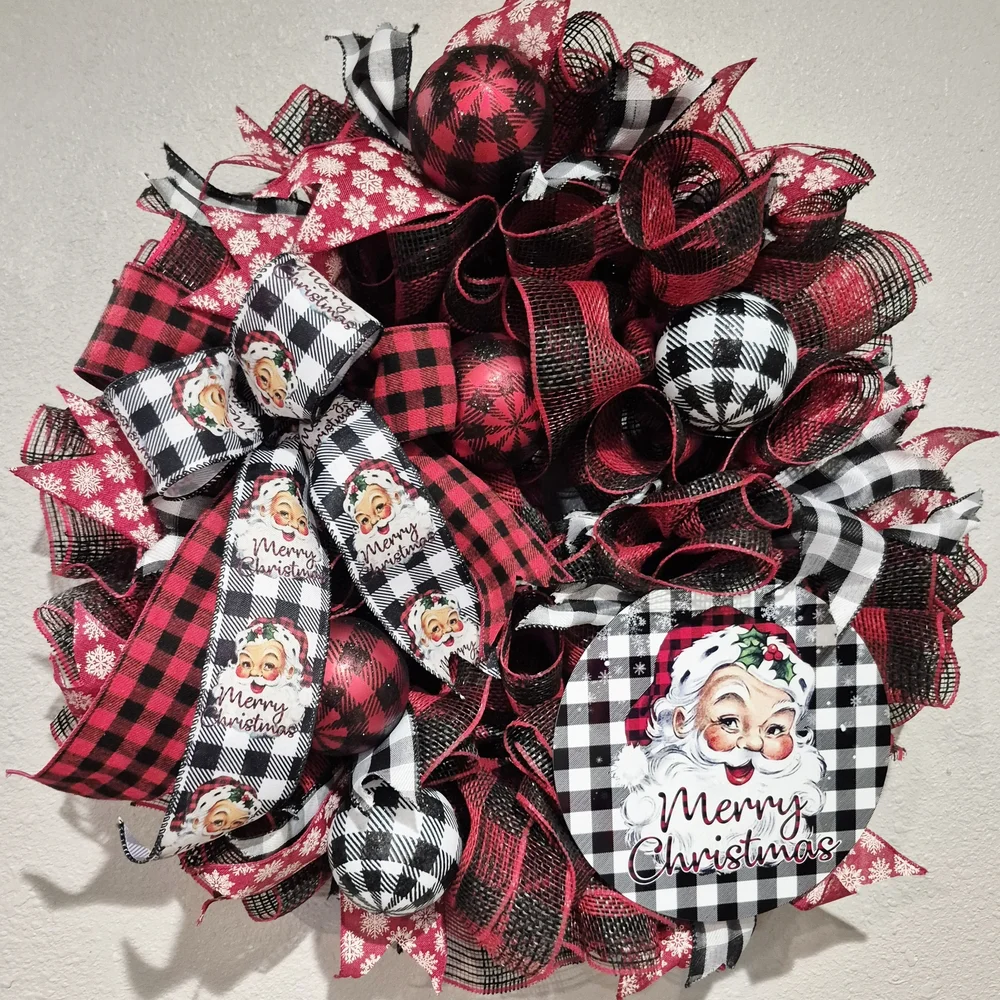Festive Red and Black Santa Christmas Wreath Large Holiday Wreath Buffalo Check